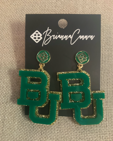 Baylor Earrings – Green "BU" over Gold Glitter Acrylic with Green Small Logo Top