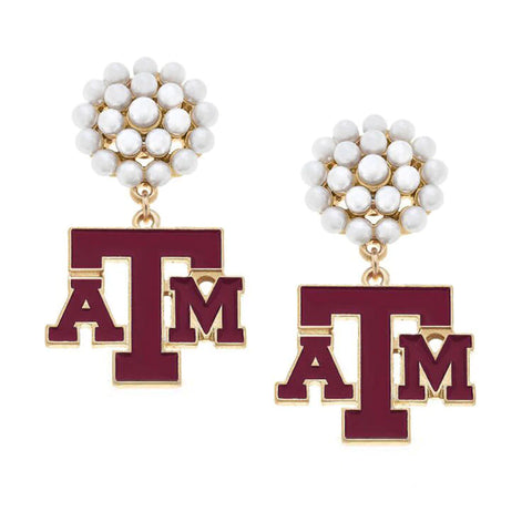 Texas A&M University Pearl Cluster Enamel Drop Earrings in Maroon