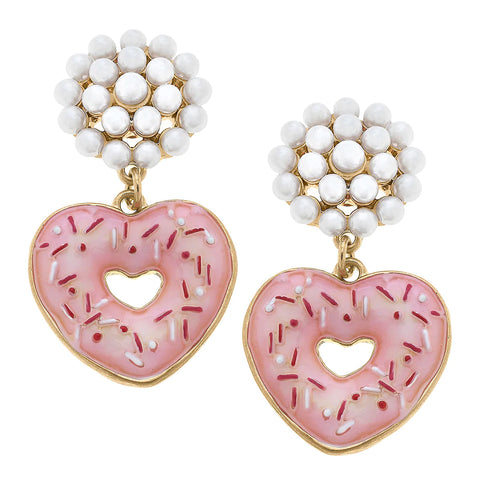 Heart Sprinkle Donut Enamel Drop Earrings in Pink