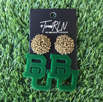 Baylor Earrings - Green Acrylic "BU" with Gold Beaded Top