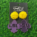 LSU Earrings - Purple Mirrored Acrylic Fleur De Lis with Yellow Beaded Top
