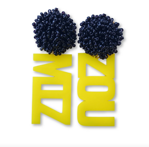 Mizzou Earrings - Yellow Acrylic "MIZ-ZOU" Earrings with Black Beaded Top