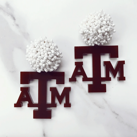 Texas A&M Earrings - Maroon Acrylic ATM Logo with White Beaded Top