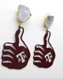 Texas A&M Earrings - Maroon Gig’Em Hand Earrings with White Geode